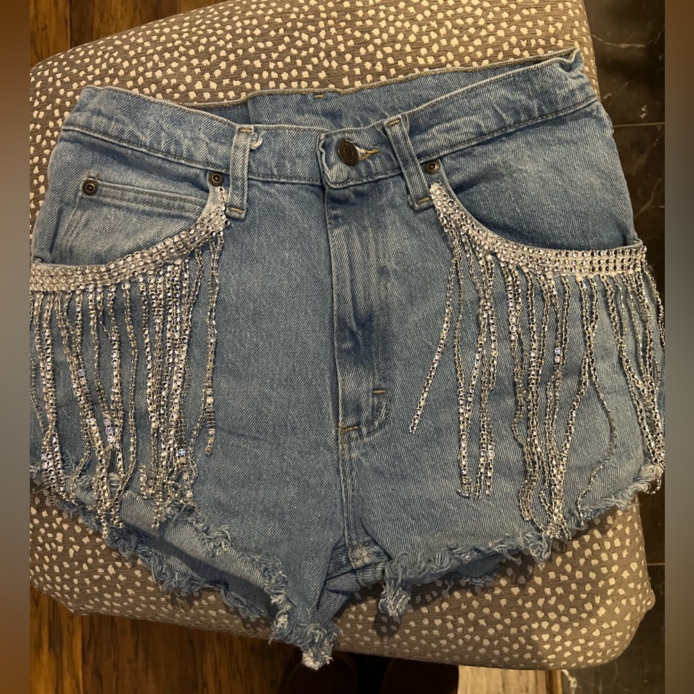 Rhinestone fringe shorts hand made bling